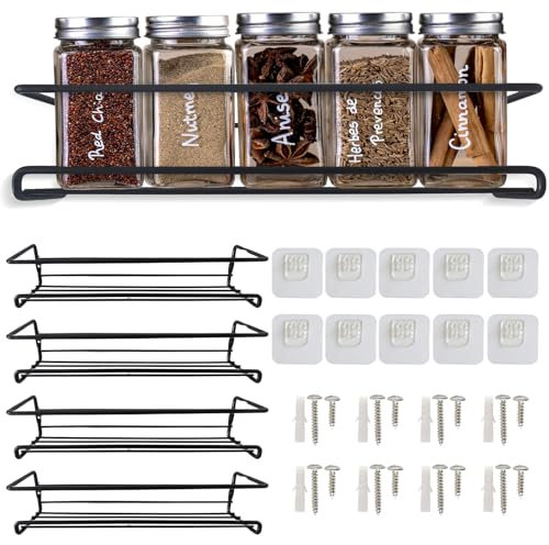 Sandalwood Modern schwarz Gewürz organizer, 4-Stück gewürzregale, Kohlenstoffstahl wandregal küche, küchenregal wand ohne Schrauben, regal küche mit selbstklebenden Haken.