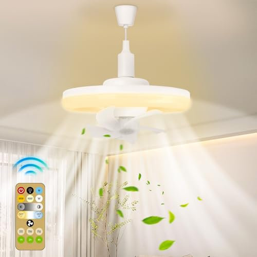Ventilatore da soffitto da 60 W, E27 e telecomando, rotazione a 360°, ventilatore elettrico, lampadario con luci a LED, telecomando per camera da letto, Living Home Silent, 3 velocità, 3 colori