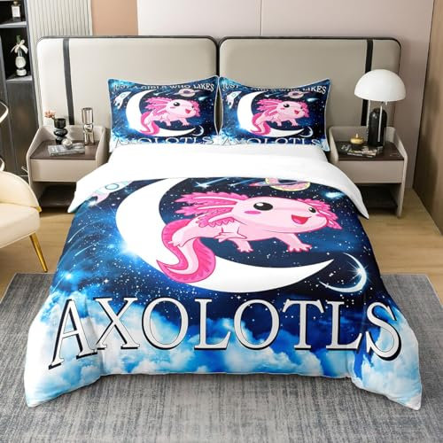Loussiesd Cartoon Axolotl 100% Baumwolle Bettwäsche Set 155x220cm Kawaii Axolotl Galaxy Bettwäsche für Kinder 3D Tiere Thema Atmungsaktive Salamander Mond Donut Bettwäsche Raum Dekor Reißverschluss