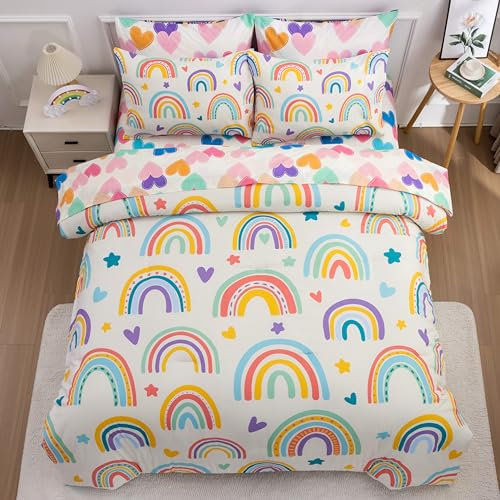 Btargot 5-teiliges Kinder-Bettwäsche-Set mit 2 Kissenbezügen, Cartoon-Herzen, Sonnen und Sternen, Bettwäsche-Set für Mädchen, Jungen, Kinder, Beige