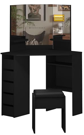 Panana Eck Schminktisch mit Große Spiegel, Modern Schminktisch Kosmetiktisch mit 5 Schubladen 2 Regale und Hocker Schlafzimmermöbel (Black)