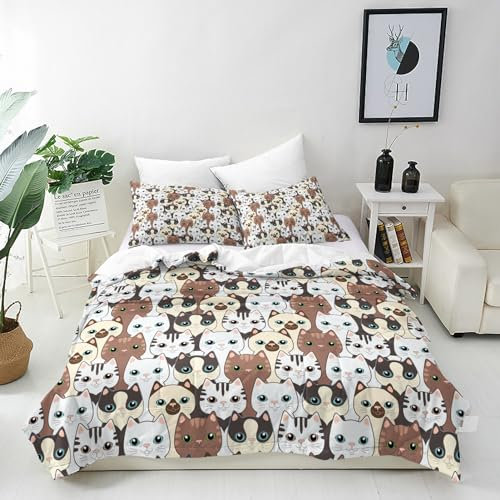 ANHOPE Cartoon Tier Kätzchen Kopf Bettwäsche Set 2 Teilig Bettbezug 135x200 cm + Kissenbezug 80x80 cm Weich Microfaser Bettbezüge Set mit Reißverschluss Bettdeckenbezug für Kinder Jungen Mädchen