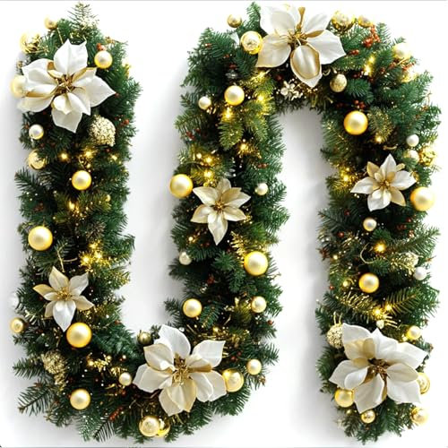 Guirnalda de Navidad,Chimeneas Escaleras Guirnaldas Decoradas, Guirnalda de Pino Artificial,Guirnalda de Navidad Artificial,Guirnalda Navideña Decorada (Gold)