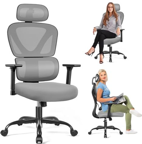 PEAKLIMB Bürostuhl Ergonomisch,schreibtischstuhl mit Verstellbarer Kopfstütze,3D Armlehnen,liegefunktion (90°-135°) bürostuhl ergonomisch testsieger 150 kg,grau