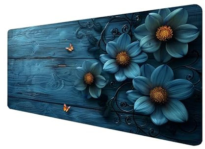 Mouse Pad Flower Large Mouse Mat 900x400x3mm Blue Gaming Mouse Pad,Computer Keyboard Desk Pad,With Anti-Slip Rubber Base,Comfortable Waterproof Soft Cloth,Wear Resistant,for Office,Girl Gift yx-480