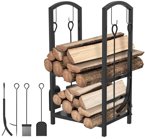 VA-Cerulean Kaminholzregal Metall, Brennholzregal mit 4 Kaminwerkzeug Kaminholzständer, Holzregal Doppelschicht Kaminholzhalter Innen für Kaminbesteck Holzregal, Schwarz, 40x38x76cm