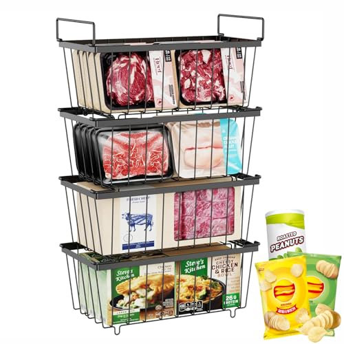 iFCOW Chest Freezer Organizer Bins, 4pcs Stackable Freezer Organizers Basket with Handle for Food Storage Kitchen Counter Organizer Add Space Easy Access