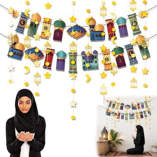 Eid Mubarak Dekoration，Wunderschöne Ramadan Girlande und Eid Mubarak Dekoration，Stern Mond Ramadan Dekorationen, Eid Garland Streamer，Leicht Aufzubauende Festtagsdeko，für Eid Festival Party Dekoration