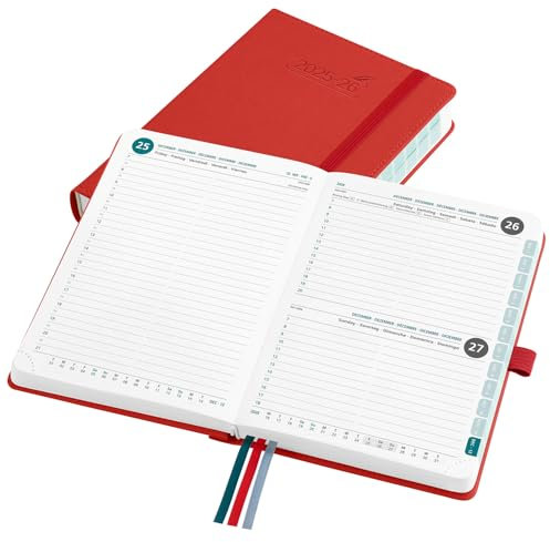 BEZEND 16-Monate Kalender 2025 2026 (Sep 25-Dez 26), Tagesplaner 1 Tag 1 Seite mit Zeitleiste, 30 Minuten Takt Tageskalender din B6 12 x 17 cm, Terminplaner 25/26 mit PU-Leder Hardcover, Rot