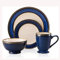 Set di Piatti in Ceramica, Set di stoviglie da 4 Pezzi, Design Vintage Resistente in Blu Cobalto e Bordo Dorato, Piatti, Ciotole, Tazze da caffè, Servizio per 1,