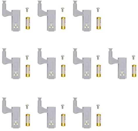 Klanata Hinge LED Light, 10 Sets 3 LED Lamp Beads, Universal Cabinet Cupboard ABS Hinge Light with Battery, Cool White for Modern Kitchen Home (White Light+Battery)