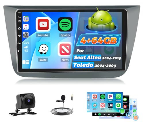 Roinvou 4+64G Radio Coche para Seat Altea 2004-2015 Toledo 2004-2009 Carplay Inalámbrico Android Auto, Android 15 Pantalla Radio 2DIN 9 Pulgadas MirrorLink Bluetooth WiFi GPS 32EQ RDS/FM SWC Cámara