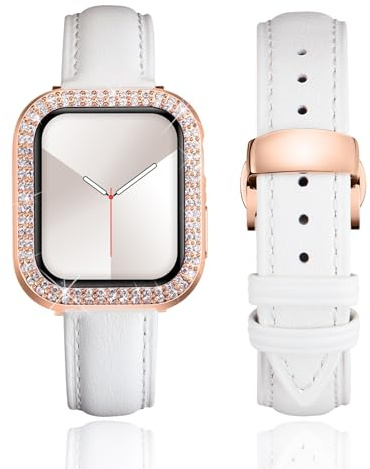 BINLUN Leather Strap Compatible with Apple Watch 46mm 45mm 44mm 42mm 41mm 40mm Women Leather Band with Glitter Diamond Case Compatible with iWatch Series 10/9/8/7/SE2/SE/6/5/4(46mm,White-Rose Gold)