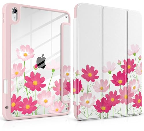 MEEgoodo Schutzhülle für iPad Air 11 Zoll M3 2025 / M2 2024, iPad Air 5. / 4. Generation, 27,7 cm (11 Zoll), 2022/2020, Tablet-Hülle mit transparenter Acryl-Rückseite, Leuchtend rosa Blumen