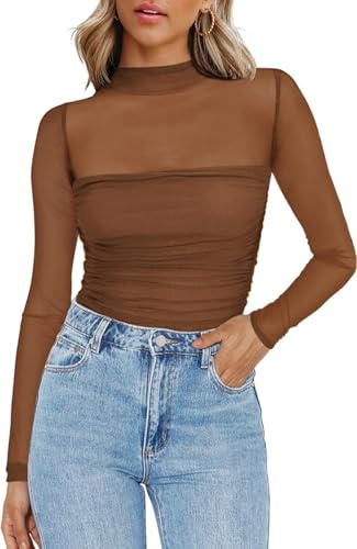 Zeagoo Mesh Oberteil Damen Sexy Transparentes T Shirt Rollkragen Netz Shirt | Langarm Slim Fit Tops für Party,Festival und Clubwear