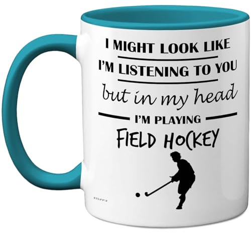 Stuff4 Field Hockey Gifts Tasse mit Aufschrift In My Head, lustiges Geschenk für Feldhockey-Liebhaber, Männer und Frauen, 325 ml, Premium-Keramik, spülmaschinenfest, hellblauer Griff