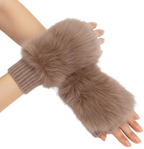 Fabchik Handstulpen Damen, Fingerlose Handschuhe mit Keildaumen Weiche Strick Pulswärmer Armstulpen mit Kunstfell für Alltag, Büro, Outdoor (Hellbraun)
