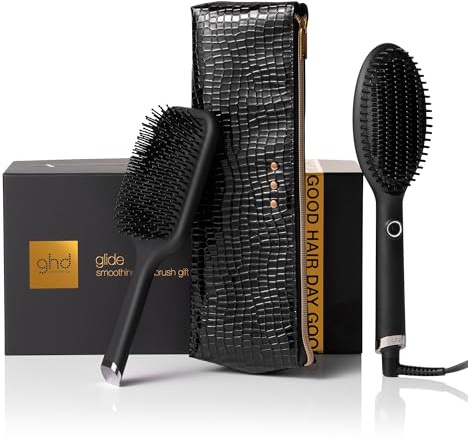 ghd - Coffret ghd Glide - Brosse Chauffante Lissante (Noire) - Brosse et pochette incluses - Lissage rapide facile les matins pressés, volume préservé - Tous Types Cheveux. S'utilise sur cheveux secs
