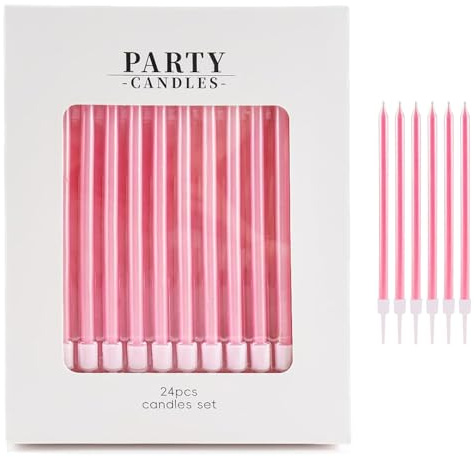 Ji liangli 24 Stück Rosa Geburtstagskerzen aus Metallic Perlmuttpulver mit Ständer,Elegante Partydekoration und Geburtstagsdekorationen als Perlenkerzen für Festliche Anlässe