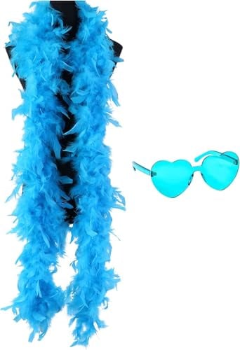 WFKKMEQ Federboa, 2M Federschal Kostüm Zubehör Flauschige Federboa mit Partybrille Feder Boas für Frauen Turkey Feather Boas Dekorieren für Hochzeit,Ankleiden Party, Cosplay,Karneval(Blau)