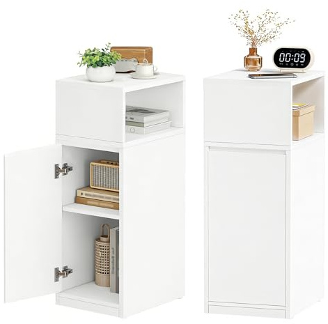 BEWISHOME Nachttisch 2er Set,Schmal,Beistelltisch mit 1 Tür | mit offenem Fach und höhenverstellbarer Trennwand,Schlafzimmer,Wohnzimmer,Weiß,65 x 25 x 30cm,EFCG13W