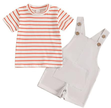 JENJON Abbigliamento Bambini Piccoli Polo a Maniche Corte con Contrasto Colletto +Salopette Pantaloni Casual Tinta Unita per Ragazzi 2 Pezzi Abiti Set Primaverili e Estivi