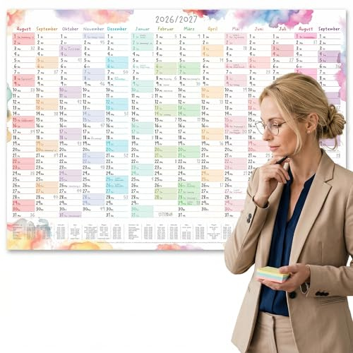 TOBJA Skolårskalender A1 2026/2027 Aquarell Splash – 14 månader aug 2026–sep 2027, semester/helgdagar DE & AT, 150 g, skrivbar, vikt | XL väggkalender 2026 2027