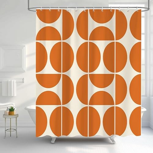UUZEAI Duschvorhang Mid-Century-Modern-Stil 160 x 170 cm (B x H), abstraktes Retro-Orange-Geometrisches Badezimmerdekor, Boho-Duschvorhang-Set mit Haken