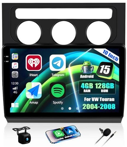 CAMECHO 4+128GB 10 Pulgadas Android 15 Autoradio para Volkswagen Touran 2004-2008, Radio Bluetooth con GPS Wi-Fi CarPlay Inalámbrico, Android Auto, RDS FM, y Cámara Trasera, Pantalla Táctil HD