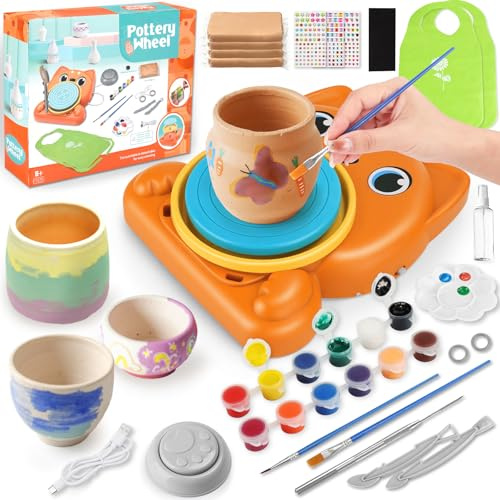 TOSUTO Ruota per Ceramica per Bambini,Set di Ceramiche per Bambini,Mini tornio Elettrico,Macchina per Ceramica con Argilla,Colori,Adesivi,Regalo Compleanno Bambinis e Bambine 6+ Anni,Arancia