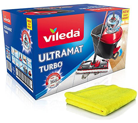 Vileda Ultramat Turbo Set complet de nettoyage des sols Avec raclette et seau muni d’une essoreuse PowerSchleuder + chiffons de nettoyage en microfibre