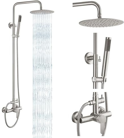 gotonovo Outdoor Shower Faucet SUS304 Shower Fixture System Combo Set Rainfall Shower Head Single Handle High Pressure Hand Spray Wall Mount 2 Function Brushed Nickel 8 inch Rainfall Shower Head Kit