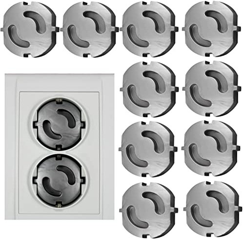 10 x Steckdosen Kindersicherung zum Stecken- Steckdosenschutz Steckdosenabdeckung-Steckbare Kappe ohne Kleben weiß, schwarz, transparent, schwarzbraun-Baby Socket Protection Covers (silbergrau x 10)