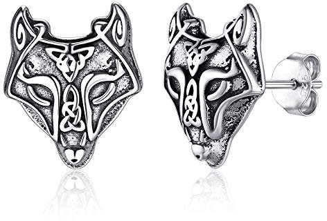 FaithHeart 925 Viking Wolfkopf Ohrstecker mit Keltischer Knot Symbol Punk Wikinger Wolfkopf Ohrstecker Retro Gothic Ohrstecker für Ehemann Freunden Model