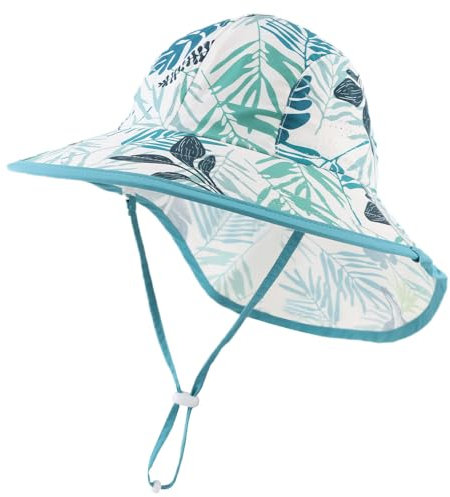 Pesaat Baby Sonnenhut Mädchen Mit UV-Schutz Sonnenmütze Baby Junge Mit Nackenschutz Sommermütze Kinder Babymütze Sommer (Tropische Blätter, Gr.4-8Jahren(52-56))