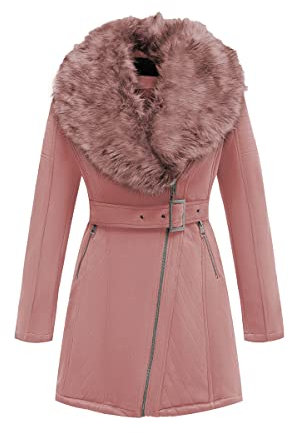 Geschallino Giacca Lunga da Donna in Finta Pelle Scamosciata Parka Foderato in Inverno Caldo Pile con Collo in Pelliccia Staccabile FF206 Rosa XL