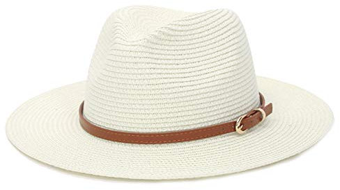 Chapeaux de paille pour femmes et hommes - Chapeau d'été Fedora Panama avec ceinture en cuir à large bord - Casquette de plage et de jazz, 1#Blanc ivoire, 7-7 1/4