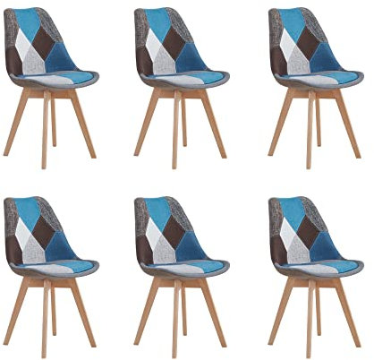 BenyLed Lot de 6 Chaises Scandinaves en Tissu de Lin avec Bois Massif Pieds (Bleu)