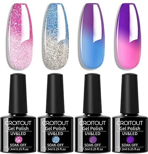 Croitout UV Gel Nail Polish Set, Colour Changing Gel Polish Colours, Soak off Long Lasting Glossy Nail Kit for Women 4 x 7.3ml