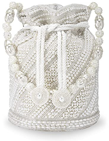 Aheli Indian Potli Bags for Women Evening Bag Clutch Ethnic Bride Purse with Drawstring, White Embellished 1, Regular, One Size, (AH-P14W)