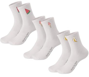 Made by Nami [VERBESSERT Retro Tennis-Socken 3er Set - Weiße Sport-Socken mit Print - 3 Paar Atmungsaktive Crew Socks aus Baumwoll (41-45, Set 1)