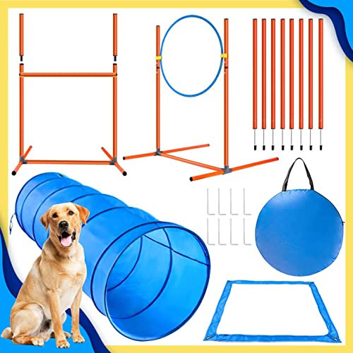 X XBEN Dog Agility Equipment, 6PCS Agility Training Set with Dog Agility Tunnel, Agility Salom Poles, Dog Agility Jump Rings and Hurdles, Break Box, Foldable Dog Water Bowl and Carriy Bags (XXL)