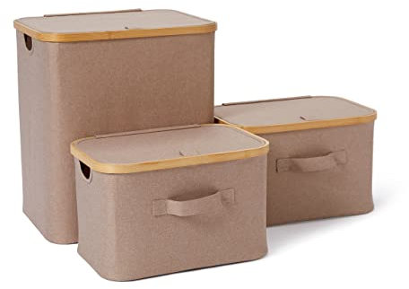 Lumaland Bambus-Rahmen Aufbewahrungsbox 3er Set rechteckig hoch | Boxen in den Maßen 40,5 x 33 x 45 cm und 2x 38 x 26 x 23 cm [Taupe]