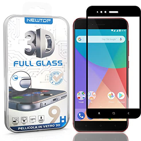 N NEWTOP Protector 3D Full Screen compatible con Xiaomi Mi A1, GLASS FILM 0,4 mm 9H Cristal Templado Protección completa Full Screen Total Bordes Pantalla Pantalla Anti-Golpes (Negro) 1)