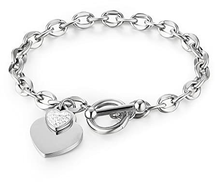 HZMAN Stainless Steel Cubic Zirconia Love Heart Bracelet for Women Romantic Gift Toggle Clasp Link Bracelets (Silver)