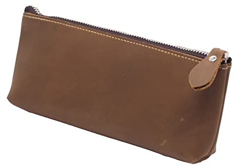 BAWAKO Federmäppchen aus hochwertigem Leder - Etui mit Reißverschluss - 20 x 3.5 x 8 cm- Elegante Federtasche für Erwachsene und Studenten, Kosmetiktasche,Schminktasche (Hellbaun, H8)