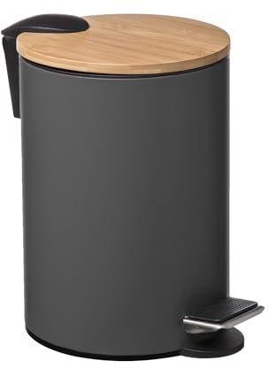 UNIMASA Papelera de baño con Tapa de Madera 3L - Cubo de Basura para baño con Tapa y Pedal Cierre silencioso - Gris Oscuro