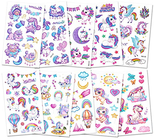 AOOWU Glitzer Tattoo Set Kinder, 10 Blätter Einhorn Glitzertattoos Mädchen, Wasserdichte Kinder Tattoo Aufkleber Junge, Temporäre Kindertattoos für Party Deko Geschenke Mitgebsel Kindergeburtstag