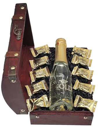 Bull & Bear Geschenk Mini-Truhe Gold-Schätzchen, Truhe mit 0,2l Sekt mit echtem Blattgold 22 Karat und 8 hochwertigen Marken Goldenen Werthers Original Bombons aus Karamell, als Geschenk