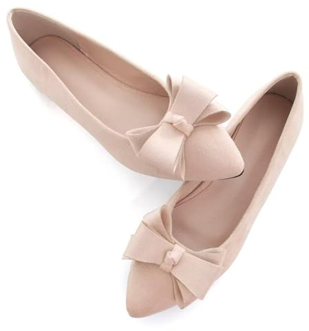 SAILING LU Womens Pointed Toe Ballet Flats Cute Bow-Knot Comfortable Loafers Business Slip On Dressy Walking Shoes, J163-beige, 6 UK